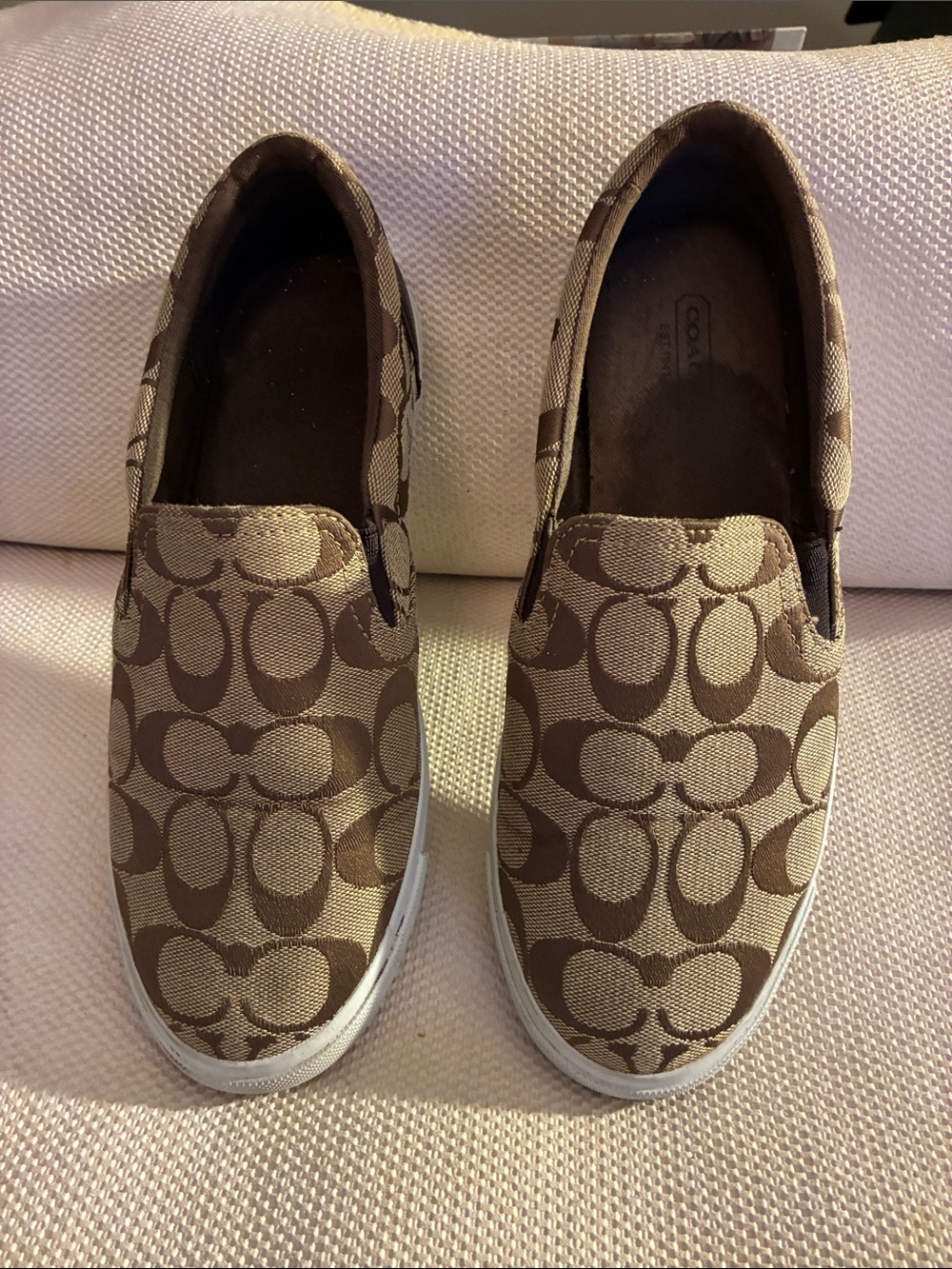 Coach Brown Signature Alegra Signature C Canvas Slip-On Sneakers w/white soles